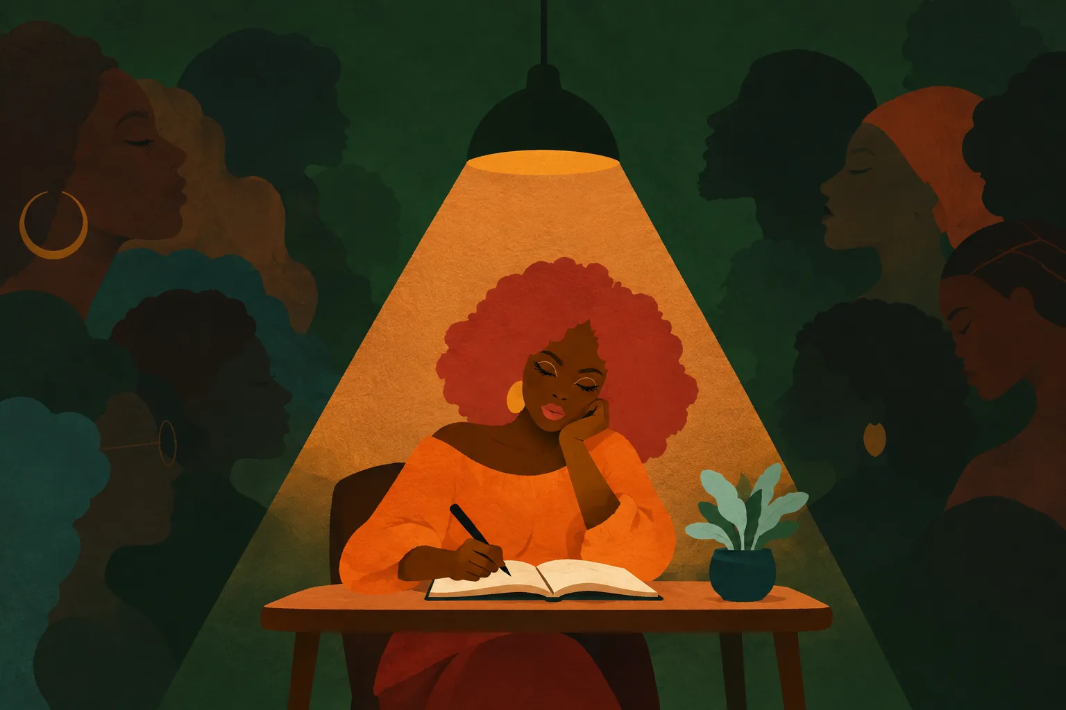 A person writes in a journal under a warm spotlight while shadowy imagined readers fade into a dark green background.