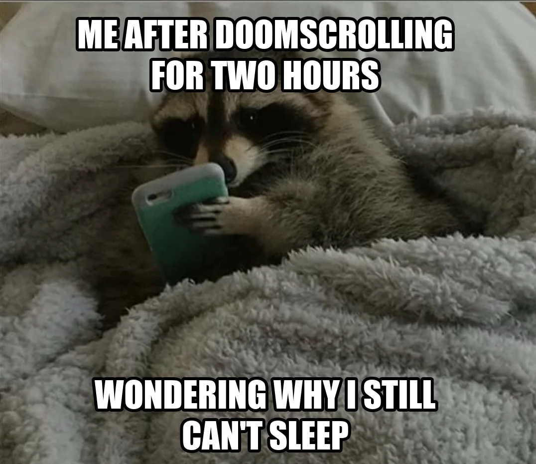 A raccoon doomscrolling in bed, wondering why it still cannot sleep