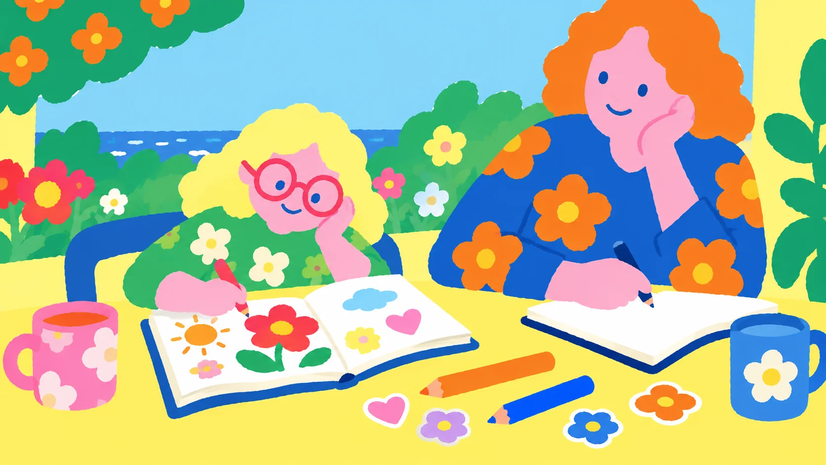 A child draws colorful flowers in a journal while an adult writes beside them