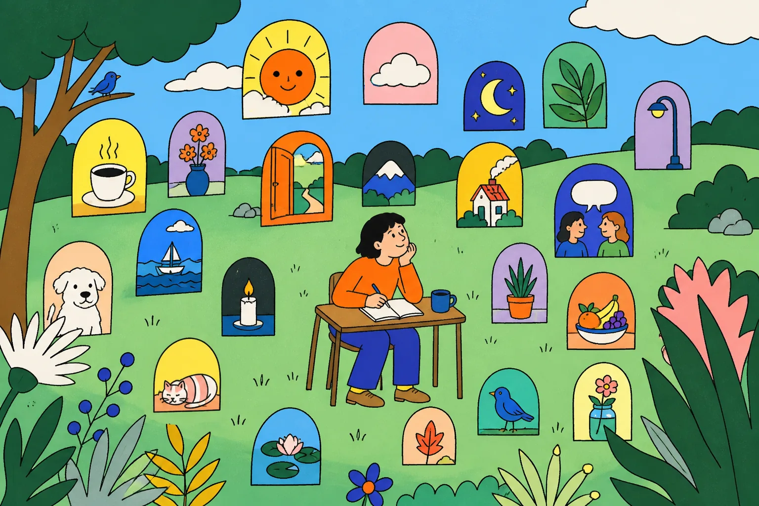 A person writing in a meadow surrounded by small visual prompts from everyday life