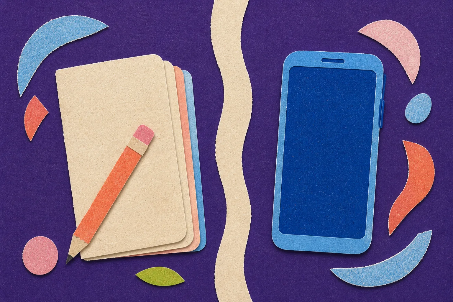 A flat paper-collage illustration comparing a paper journal and pencil with a blue smartphone