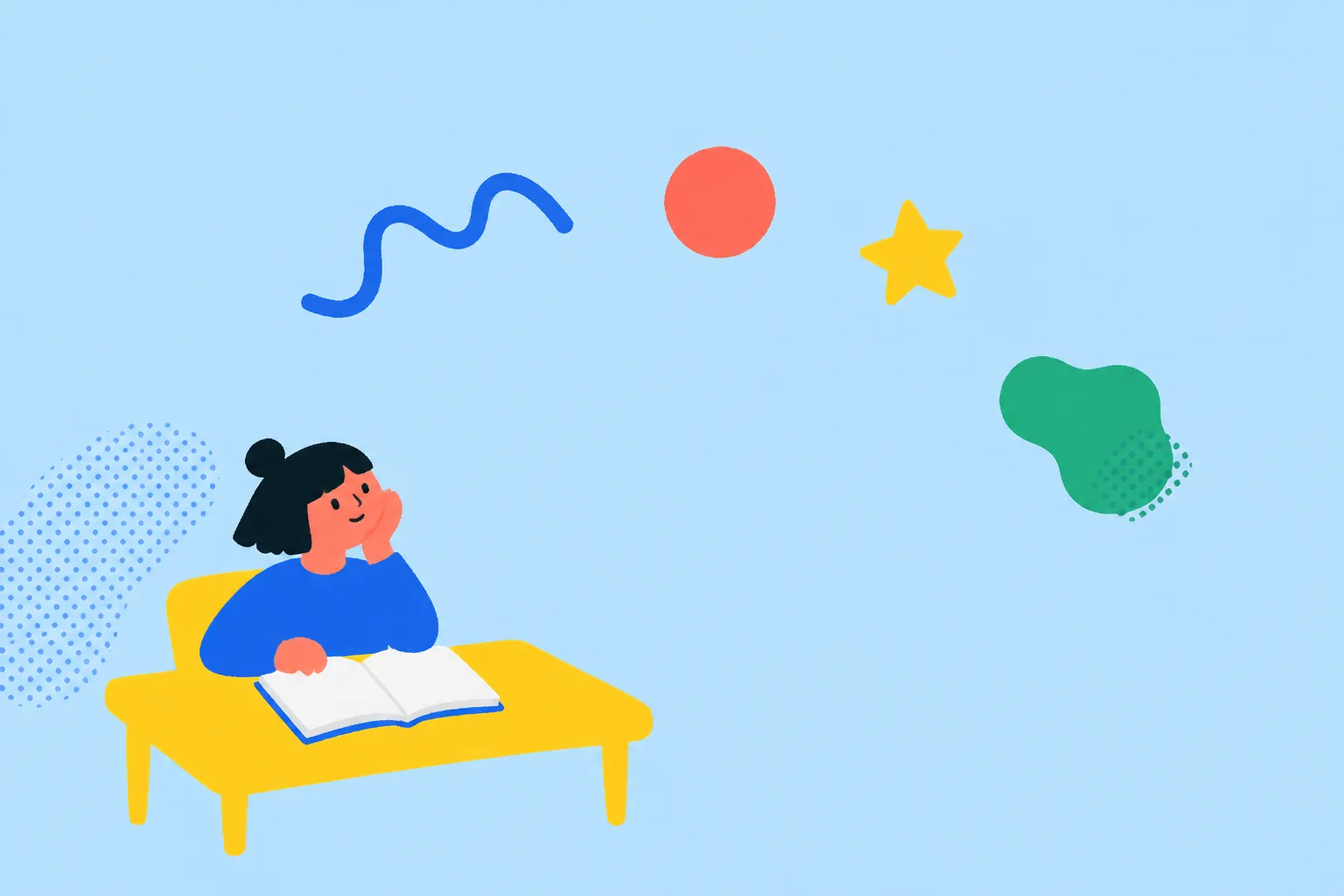 A person writing in a journal at a yellow table beneath a sun, star, and colorful thoughts