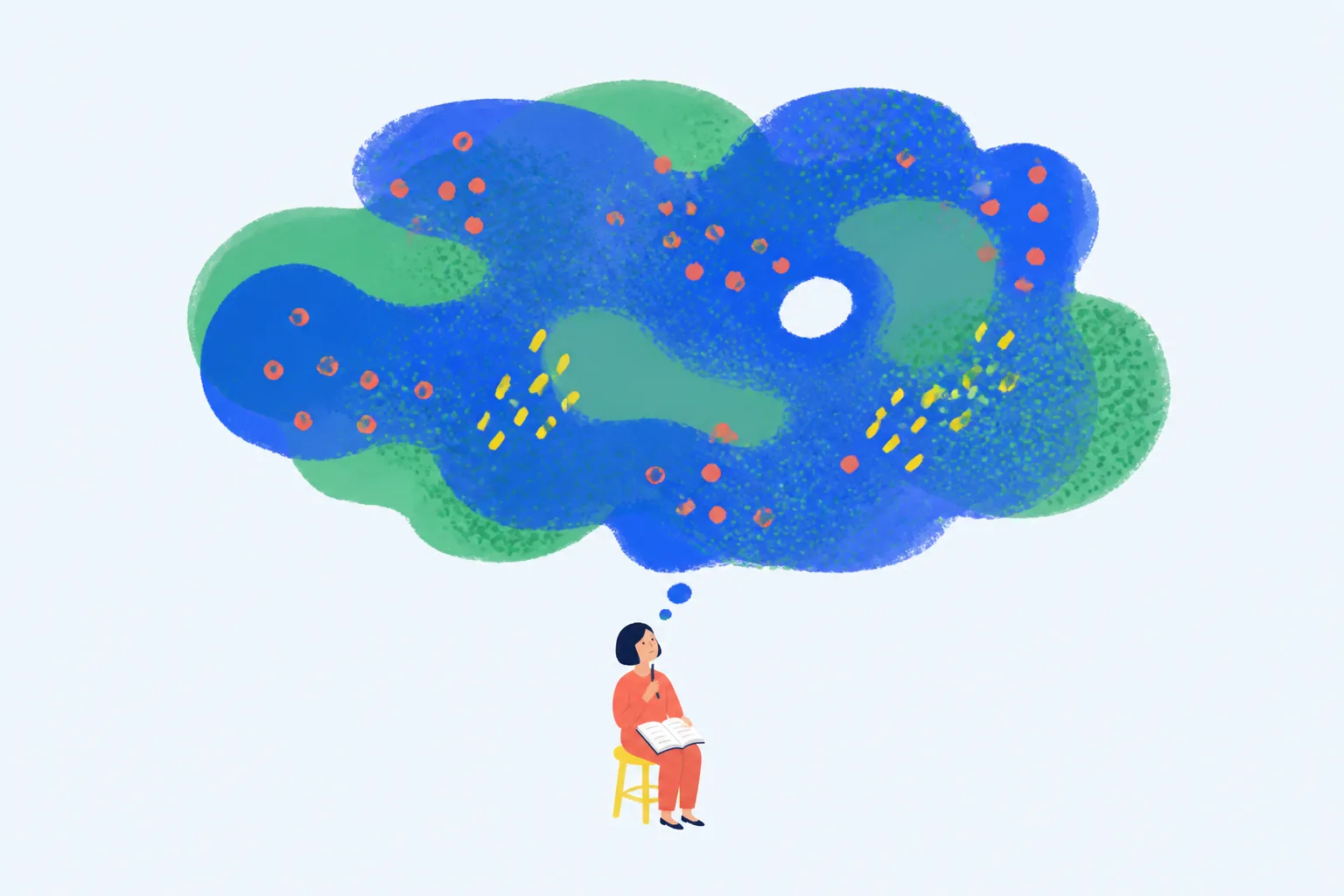 A person sitting with a journal beneath a large colorful cloud of thoughts