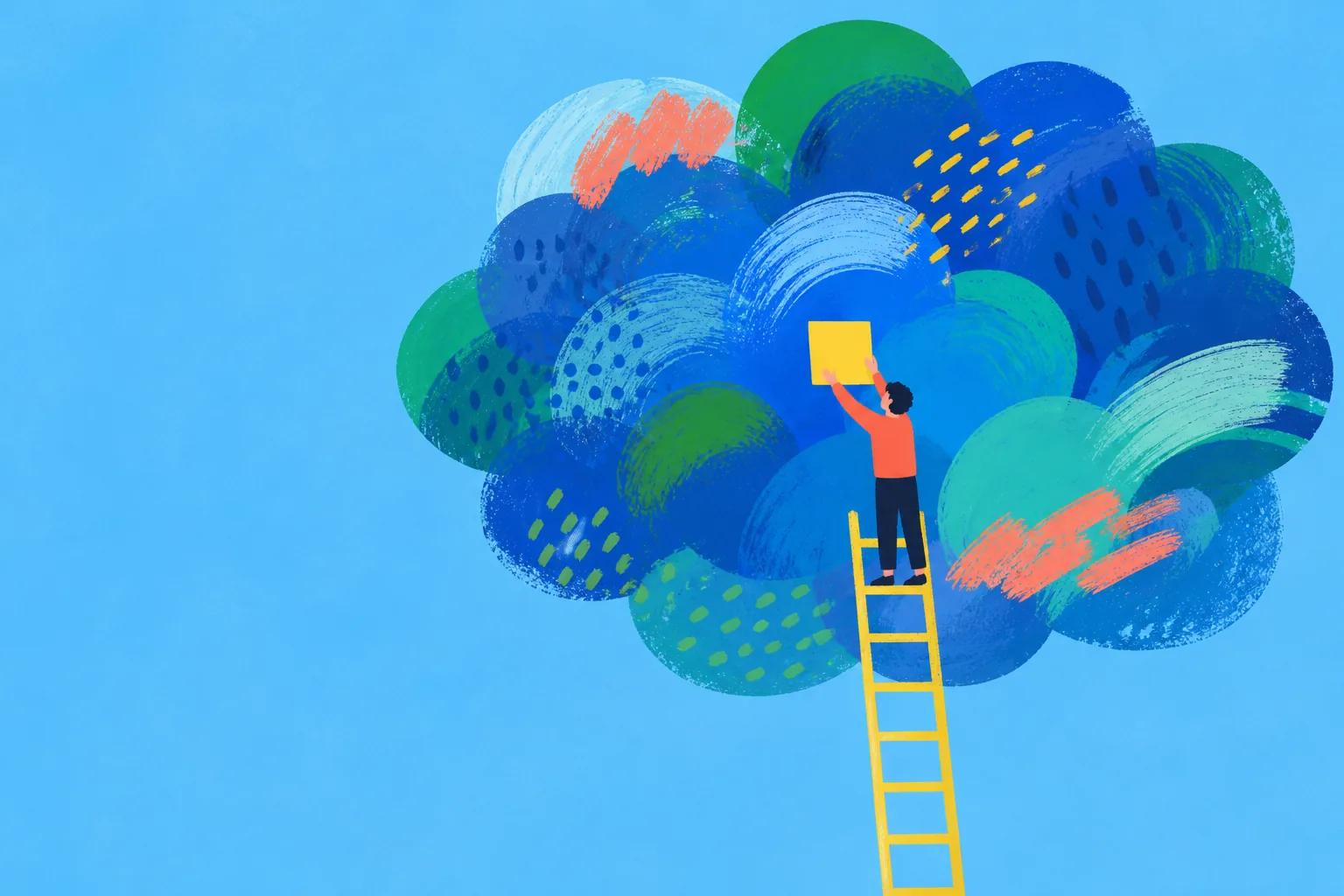 A person on a yellow ladder placing one note onto a large colorful cloud of thoughts