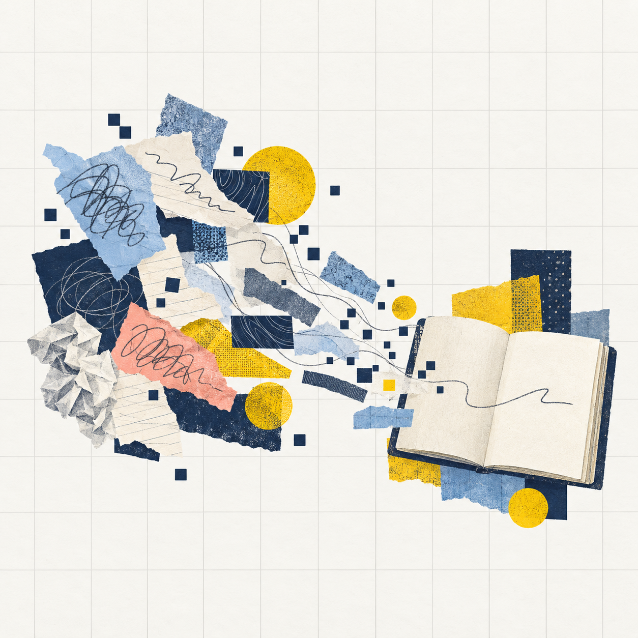 Paper collage of scattered thoughts flowing into an open journal