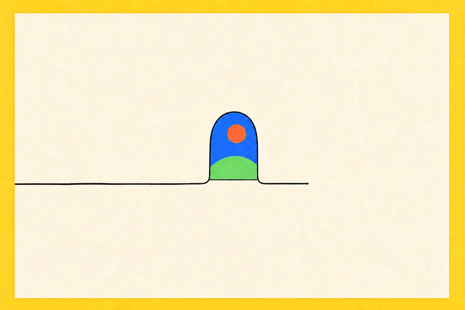 A single ink line opening into a small window onto a sunny green landscape