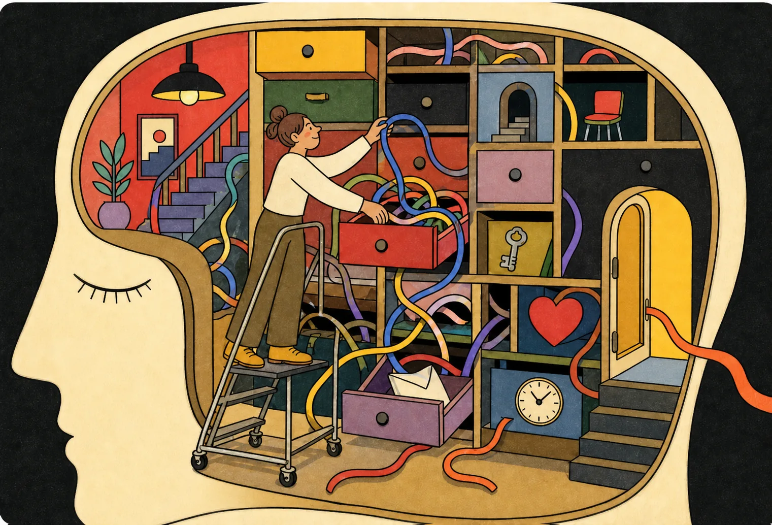 A person sorting colorful threads among drawers inside a head-shaped room